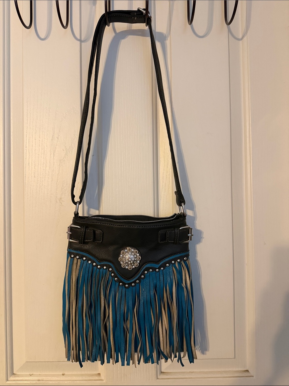 Black and Teal Fringe Crossbody Bag with Concho Accent